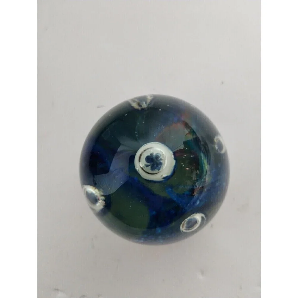 Blue Egg Shape Art Glass Paperweight Controlled Bubbles Design‎ Handcrafted